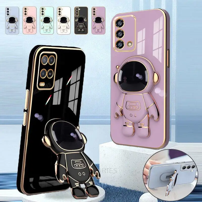 Oppoa54 Astronaut Holder Luxury Plating Case For Oppo A54 A52 A16 A15 A36 A58 A53 A74 A57 A17 A72 4g 5g Silicone Stand Cover New