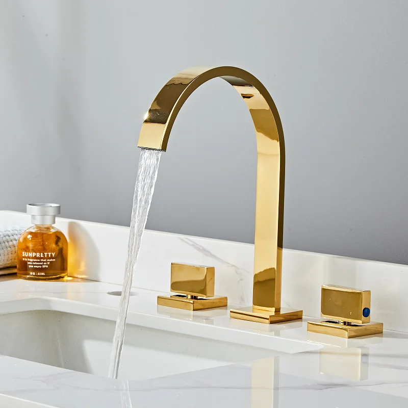 

Tuqiu Basin Faucets gold Square Bathroom Sink Faucet widespread 3 Hole Grey Bathroom basin Mixer Brushed Gold Faucet Black