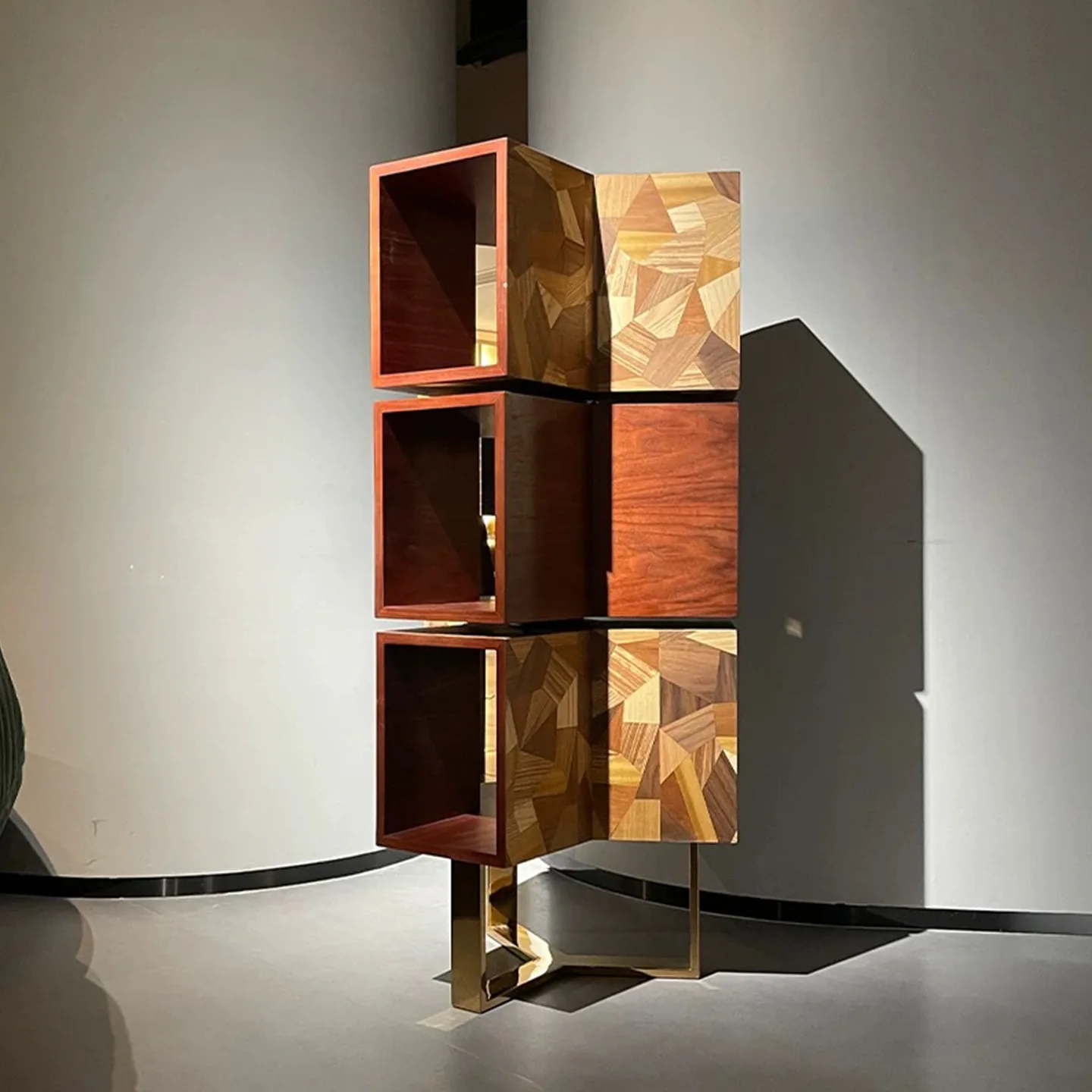 Italian solid wood rotating bookshelf light luxury high-end designer style personality creation metal open storage locker