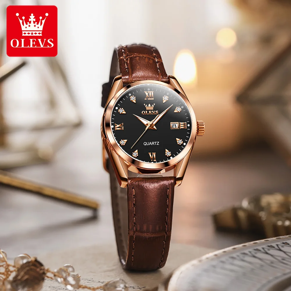 OLEVS 5522 Women Watch Quartz Wristwatch Automatic Date Leather Strap Waterproof Luminous Watch Bracelet Set Ladies' Gift Box