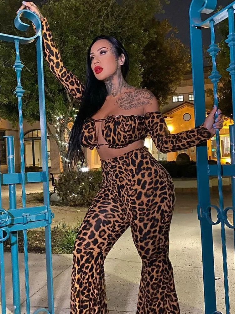 Sexy Leopard Print Night Party Club Outfits for Women 2 Pieces Long Sleeve Off The Shoulder Crop Top + Flare Pants Matching Sets