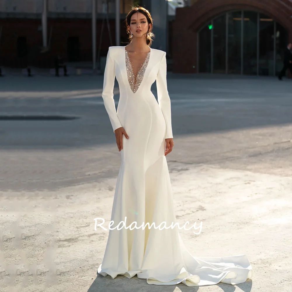 

Redamancy Sequined V-neck Crepe Mermaid Wedding Dress Floor-Length Slim Long Sleeve vestidos de novia Bridal Gown robe de mariée