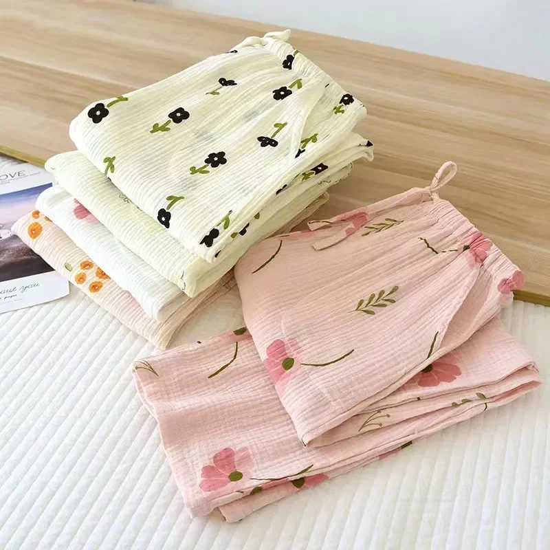 Long Print Pajamas Women Summer Loose New100% 2023 Autumn Floral Loungewear Sleepwear Women's Gauze Pants Cotton