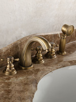 Vintage Retro Antique Brass Five Hole Deck Mount Bathroom Tub Faucet Set with Handheld Shower Spray Head Mixer Tap Dtf051
