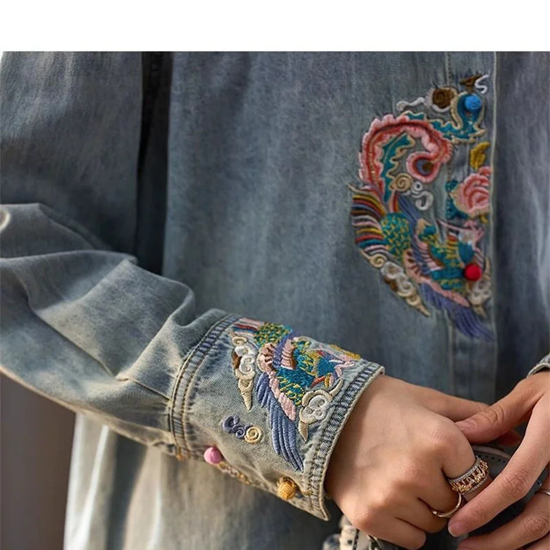 Blue Embroidered Denim Shirt Jacket Women's Spring Autumn 2024 New Retro Women's Clothing European Station Plus Size Shirt Trend