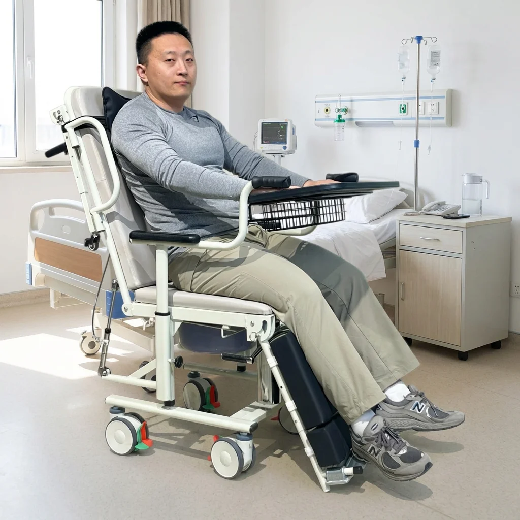 Reclining Adjustable Transfer Chair with Toilet, Elderly and Disabled Patient Mobility Aid, Medical Care Assistive Device