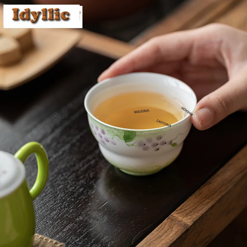HOYIHM 105ml Hand-painted Grape Teacup Elegant Tea Bowl Jug Tea-tasting Fragrance Cup Chazhan Master Cups Puer Tea Services Gift