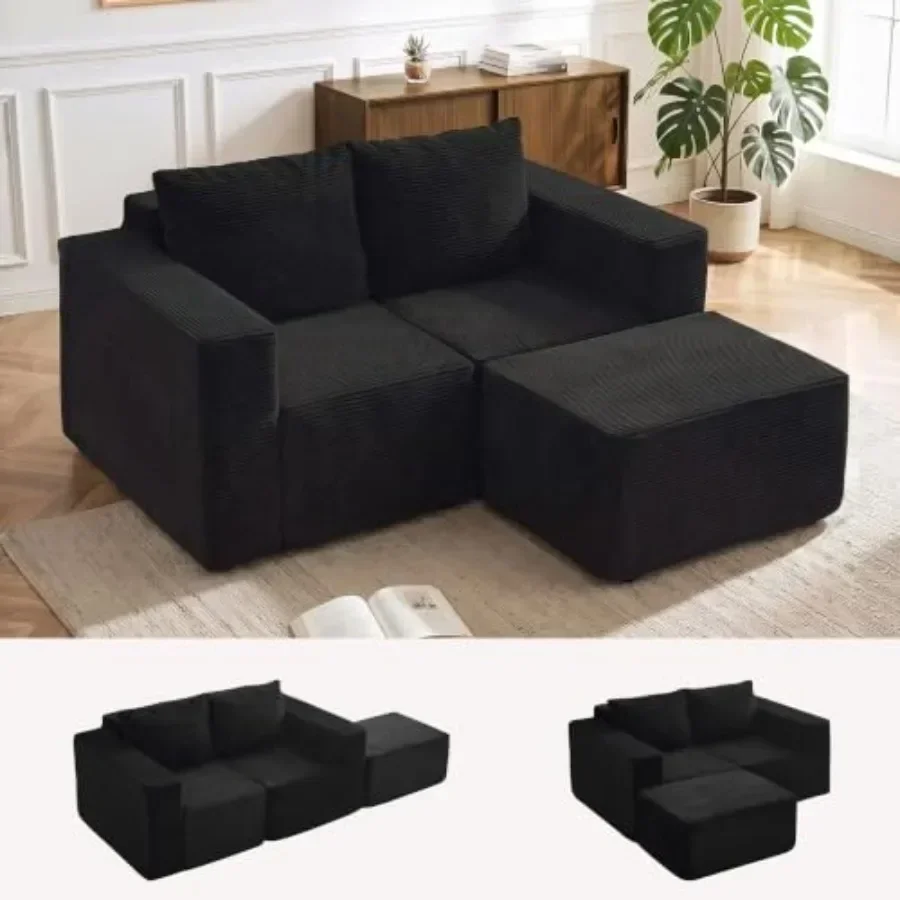 Living room sectional couches in corduroy fabric, bone-colored fluffy cloud sofa with deep seat, modular L-shaped design, ottom