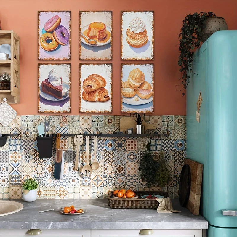 2D Flat, 6pcs Vintage Baking Food Metal Wall Art Signs - 8x12 Inch Retro Iron Wall Hanging Decorations with 