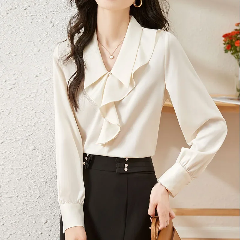 Fashion Turn Down Collar Women Blouse Ruffles Long Sleeve Blouse Shirt Women Tops Blusas Camisas De Mujer Blusas Para Mujer M487