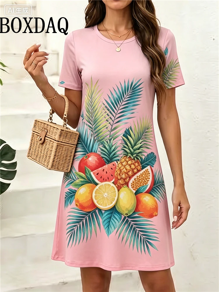 Elegant Sweet Fruit Printing Women Dress Summer Dresses Loose Casual Short Sleeve Tropical Print 3D Print Woman Dress Plus Size