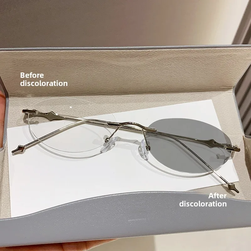 Customizable Rimless Photochromic Prescription Glasses Rose Gold Frame Anti Blue Light Myopia Eyeglasses for Men Women Daily Use
