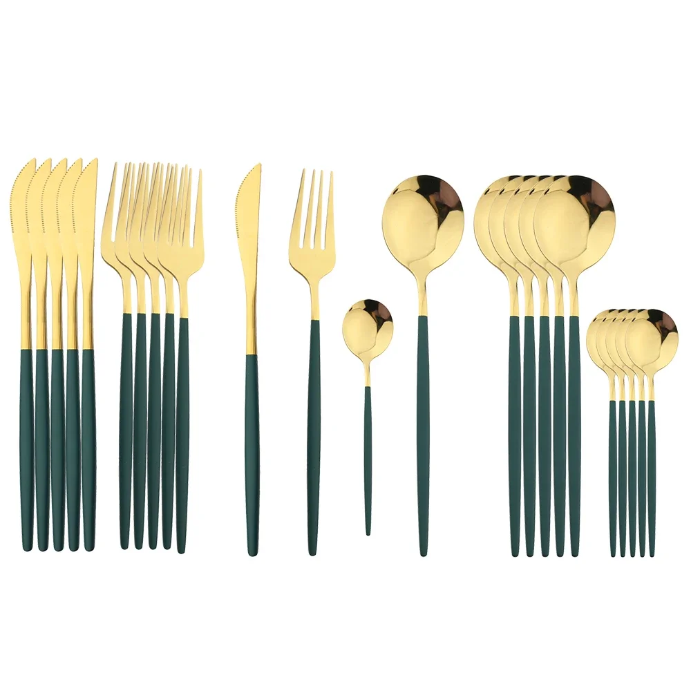 24Pcs Stainless Steel Cutlery Set Western Knife Fork Spoon Dinner Dinnerware Set Kitchen Mint Green Gold Flatware Tableware Set