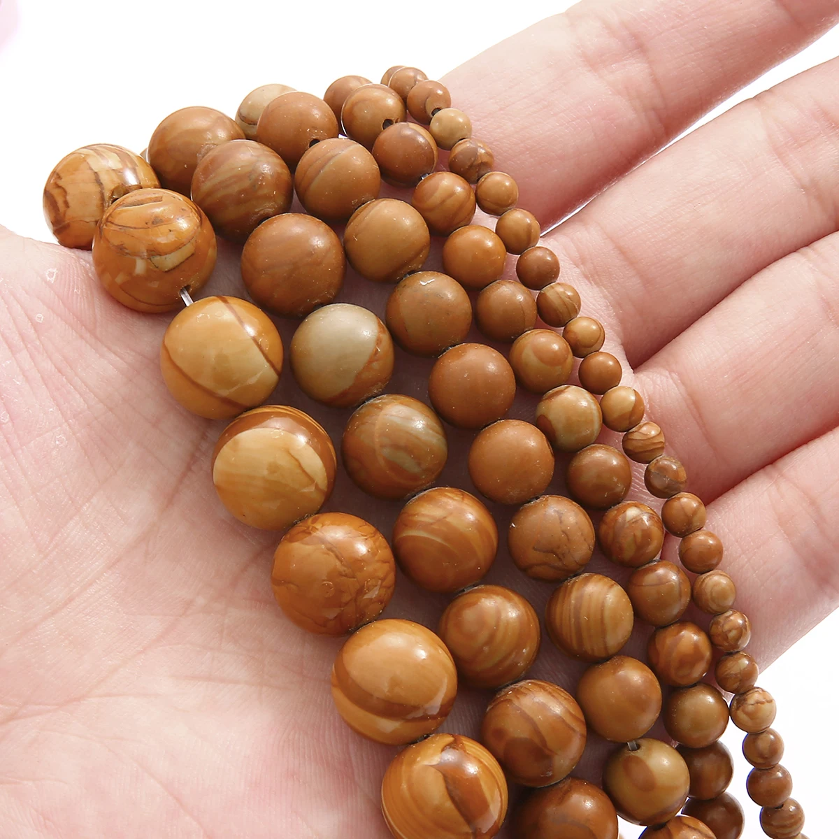 Natursteinperlen aus gelbem Holzmaserungsstein, runde lose Abstandsperlen für die Schmuckherstellung, DIY-Halsketten, Armbänder, handgefertigt – Detail 1