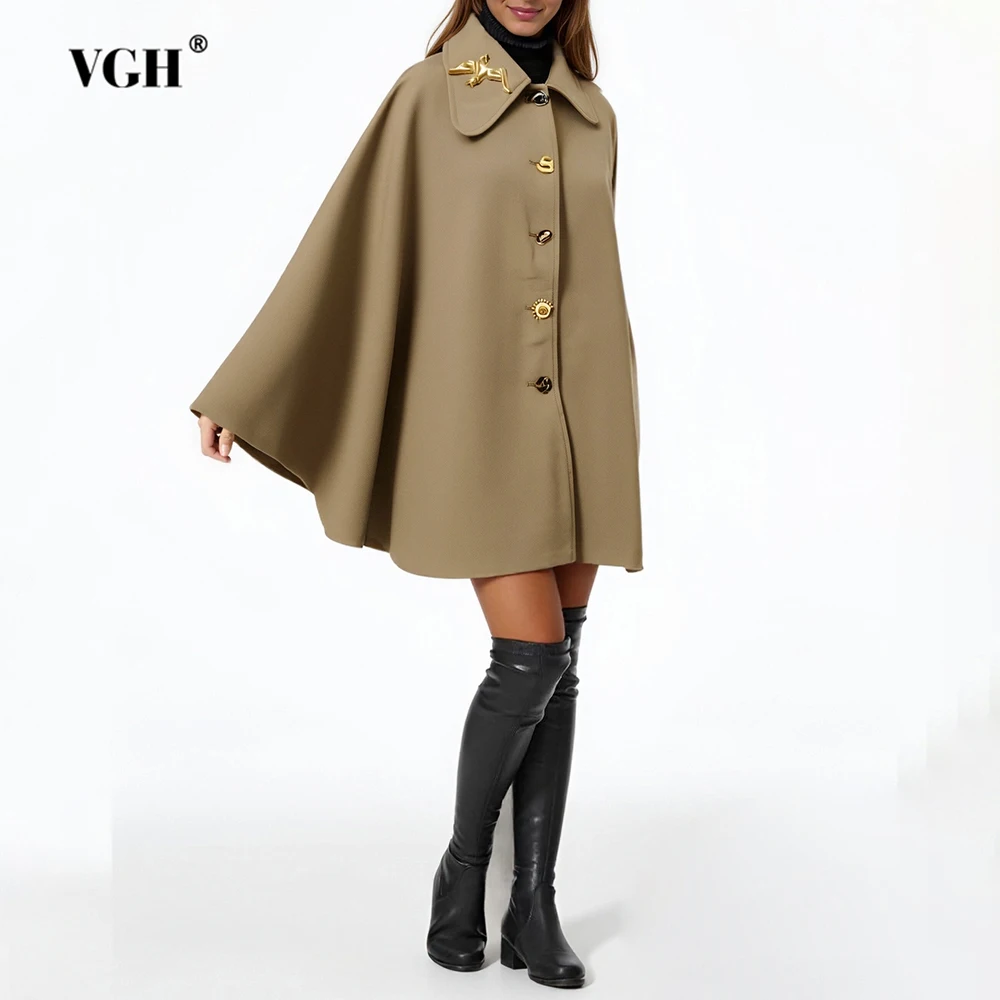 

VGH Solid Color Basics Loose Cape Jackets for Women Lapel Sleeveless Patchwork Metal Buckles Elegant Office Lady Coats Female