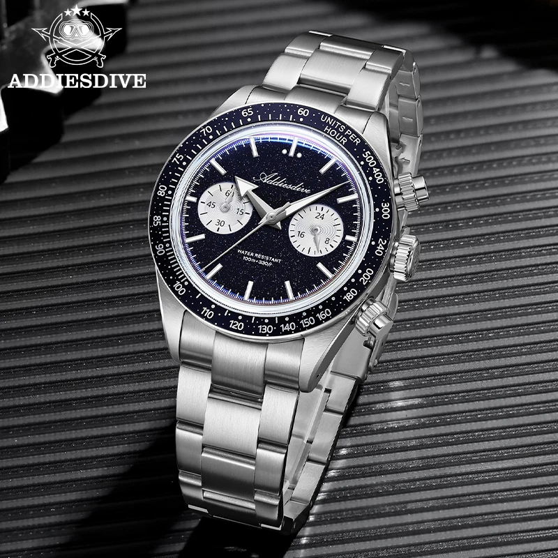 ADDIESDIVE Watch For Men AD2558 316L Stainless Steel 10Bar Waterproof BGW9 Luminous VK64 Quartz ”Starry Sky“ Chronograph Watch