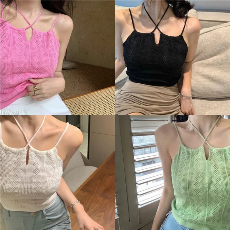 Women Sexy Halter Tops 2024 Summer Hollow Out Knitted Solid Cropped Tops Ladies Spaghetti Strap Camis Crop Top Y2k Fashion Tanks