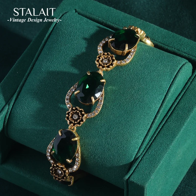 

Vintage Emerald Green Crystal Bracelet Charm Zircon Jewelry Woman Gold Color Antique Flower Luxury Designers Summer Accessories