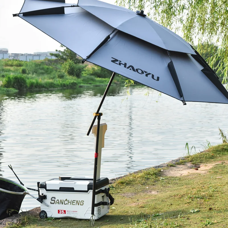 Large Outdoor Fishing Umbrella with Crutch Pole Thickened Double Layer Storm Proof Sunshade Folding Design Portable No Base