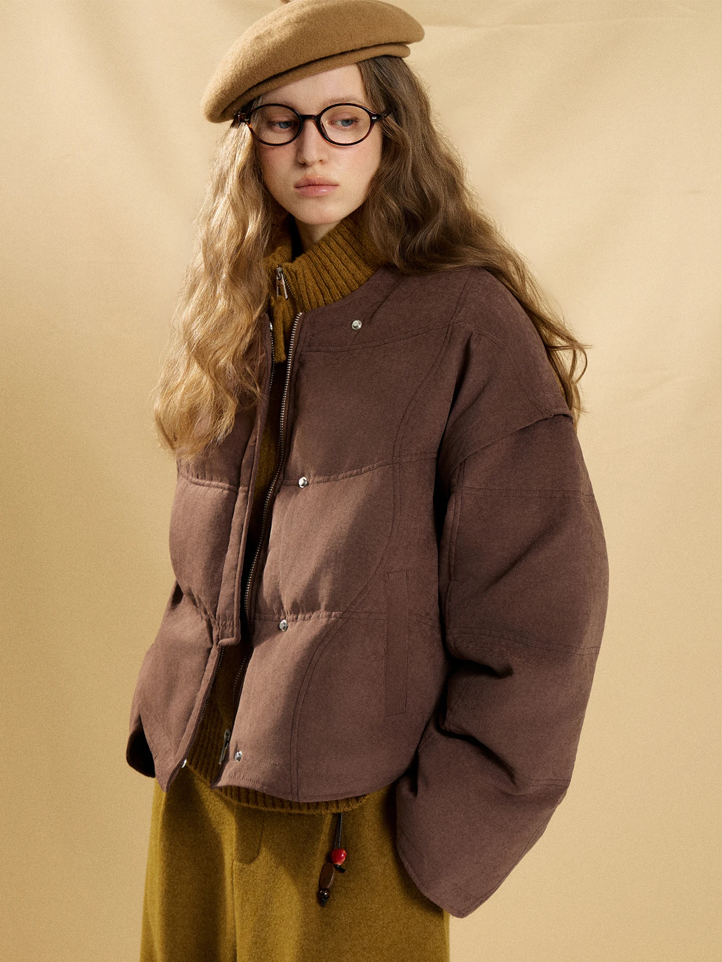 

Suede ort Puffer Jaet Women's Winter round Ne Thiened Loose Brown Bread Sle Warm Outerwear mat Faion