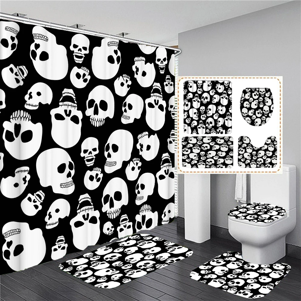 Black Skull Skeleton Printed Shower Curtain Set Horrible Halloween Festival Bathroom Decor Pedestal Rug Lid Carpet Toilet Cover