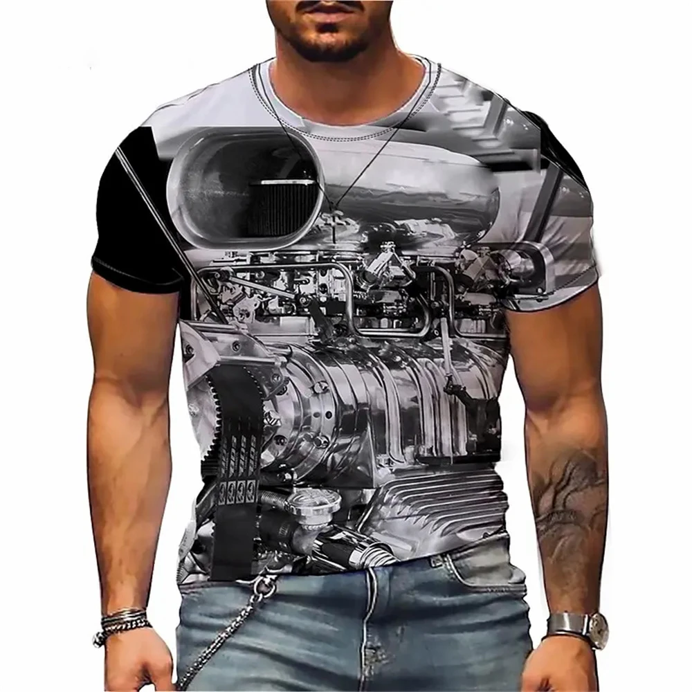 Retro T-Shirts for Men 3D Car Engine Print Men\'s Clothing Street Designer Short Sleeved Loose Oversized T-Shirt Graphic Tees Y2k