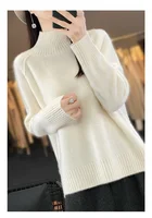 Women's High-Necked Cashmere Sweater 100% Soft Wool Thickened Lazy Raglan Sweater with Slit for Autumn Winter Comfortable Waxy W - Image 3