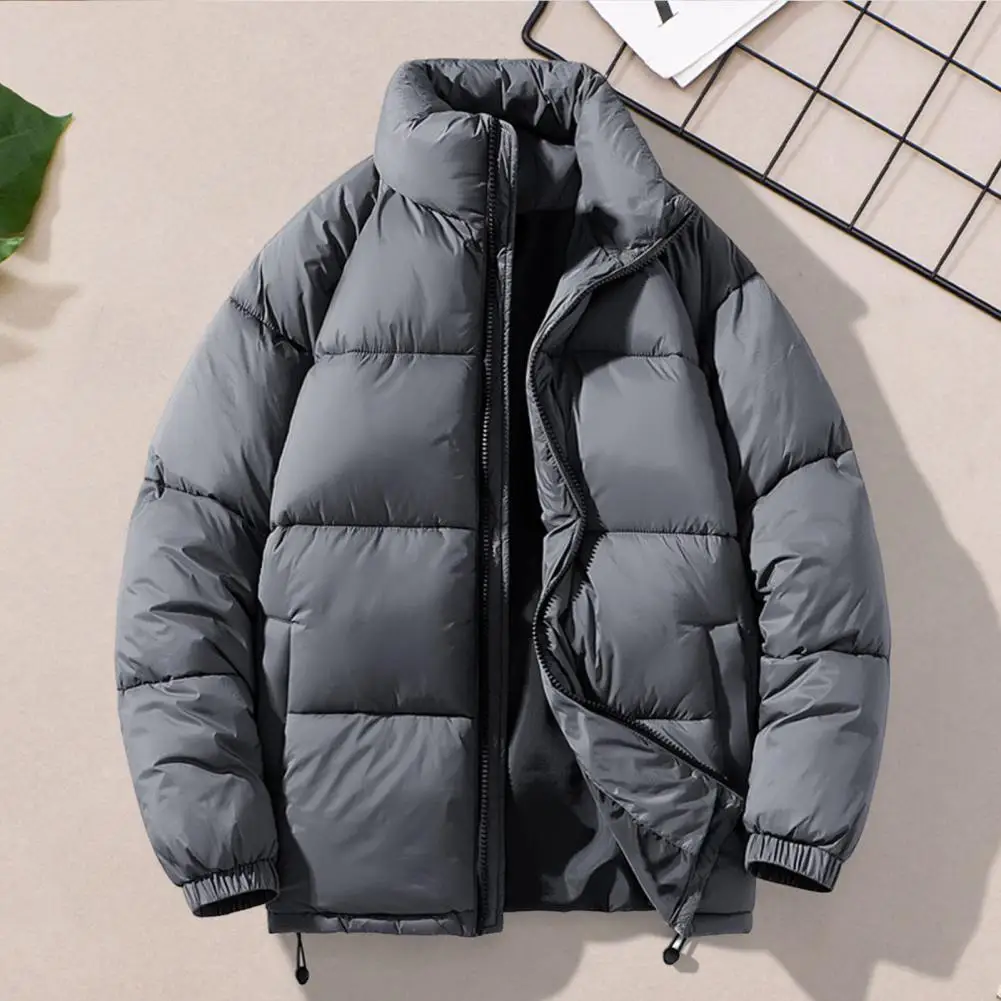 Solid Color Coat Men's Quilted Cotton Coat with Adjustable Hem Side Pockets Stylish Stand Collar Outwear for Winter Warmth