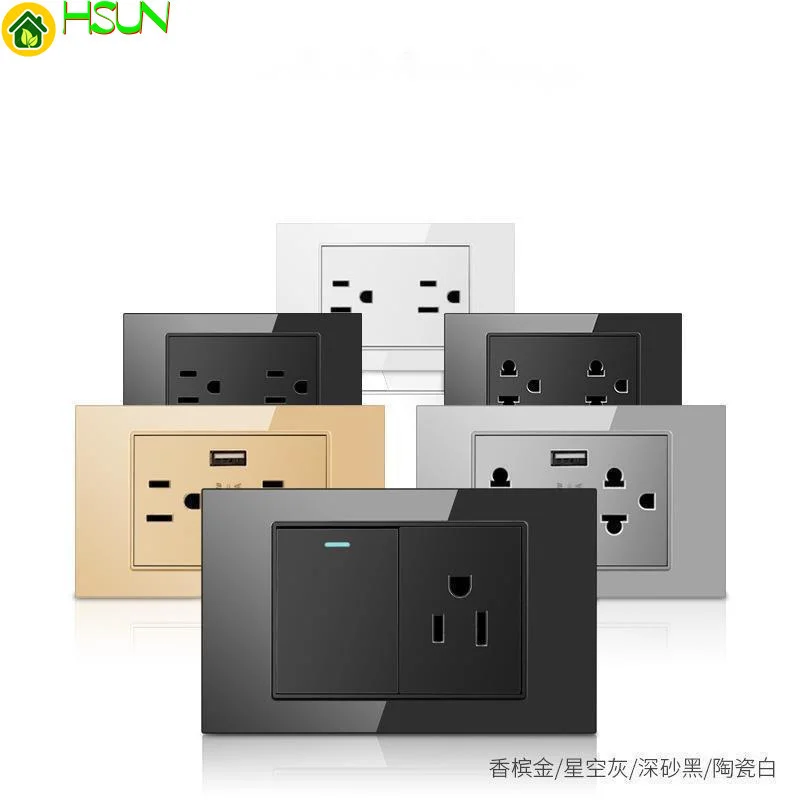 

120/118 type Mexico USA AU Brazil Italy Thailand standard USB charging toughened glass switch socket black wall socket panel 16A