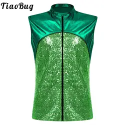 Men Sequin Dance Theme Party Carnival Waistcoat Sleeveless Jacket Glittery Patchwork Zip Vest for Jazz Dance Stage Performance