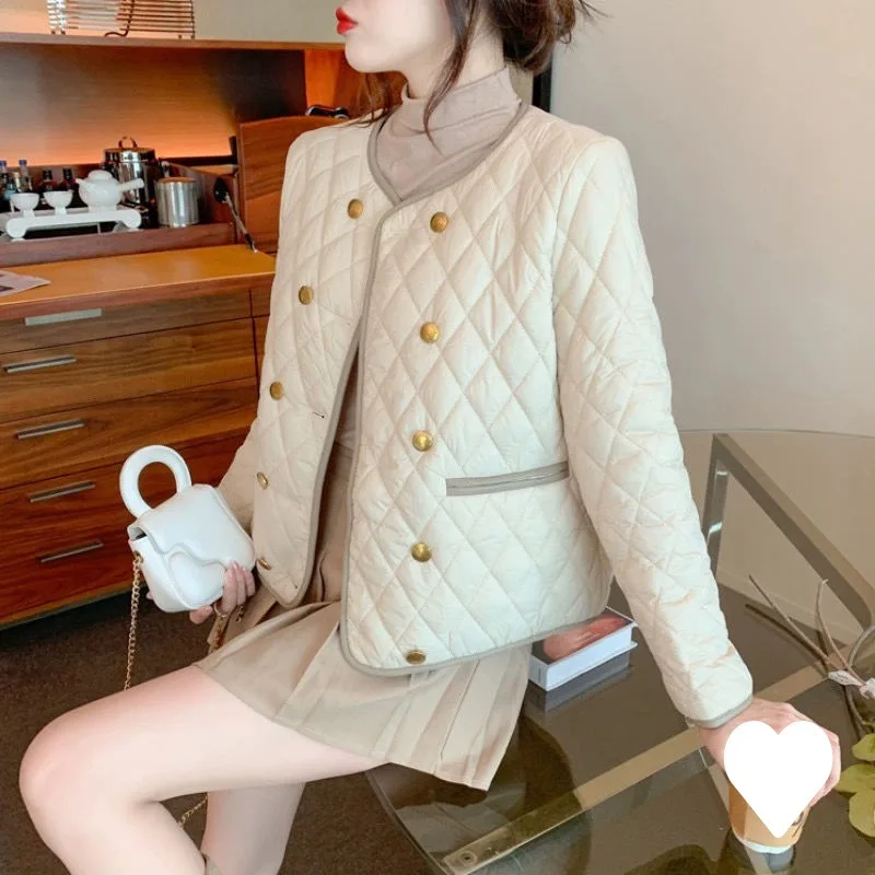 Vintage O-Neck Parka Coat Women Korean Fashion Double-Breasted Down Cotton Jacket Lightweight Warm Cotton Padded Parkas