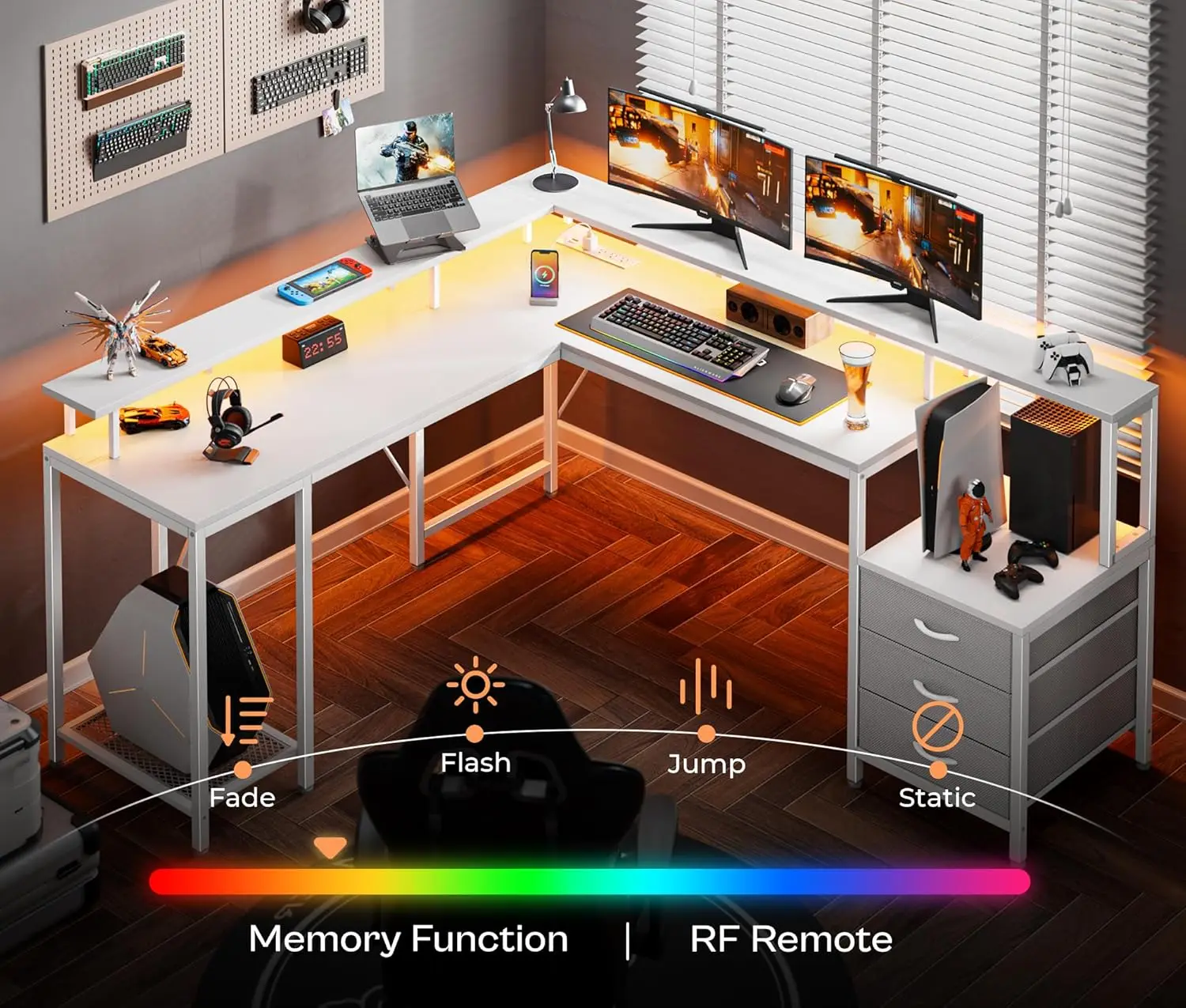 L Shaped Gaming Desk with LED Lights and Power Outlets, Computer Desk with 3 Drawers