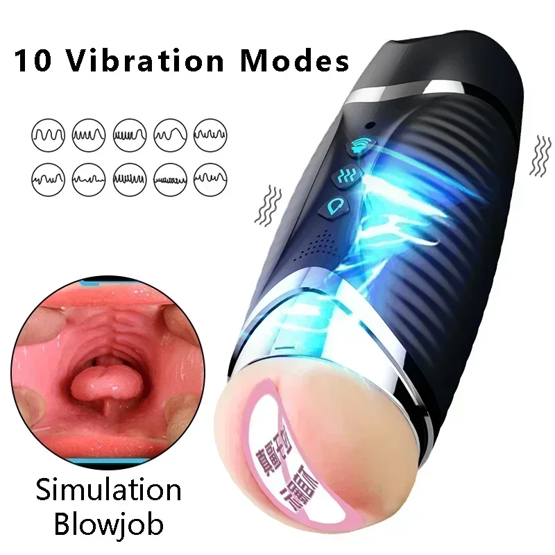 Male Masturbation Cup Dual Channel Vagina Vibrating Mouth Blowjob Vibration Smart Heating 2 in 1 Pocket Pussy Men Masturbator