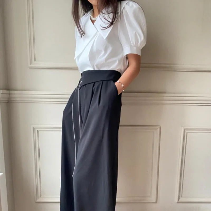 Neploe Irregular Lapel Neck Puff Sleeve White Shirts Women+ High Waist Chains Straight Wide Leg Pants 2024 New Two Piece Sets