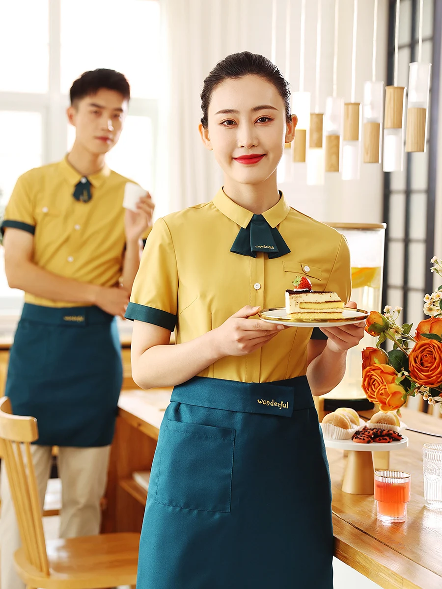 Western Restaurant Work Clothes Summer Cafe Milk Tea Burger Shop Waiter Uniform Catering Waitress Shirt and Apron Set Wholesales