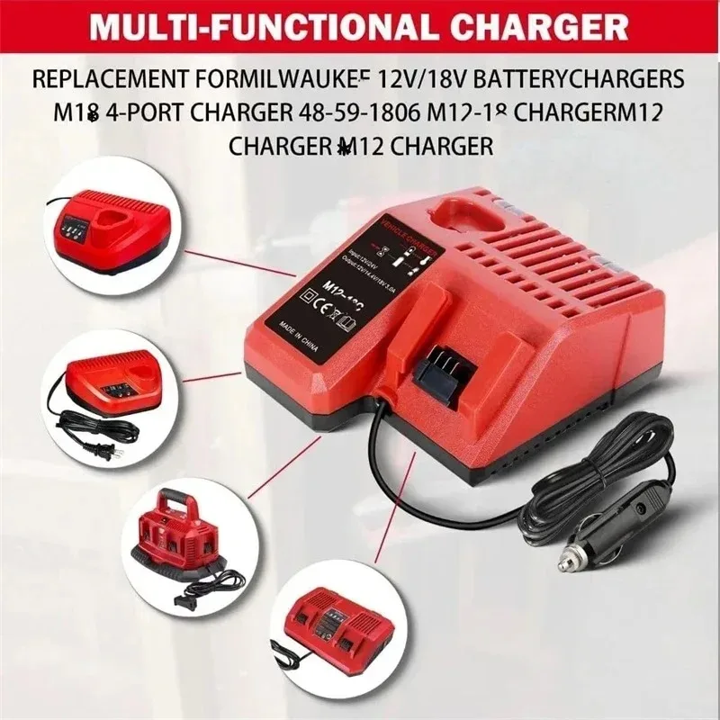 Portable Car Charger for Milwaukee 12V/18V Li-Ion Battery 48-11-2402 Cigarette Lighter Plug Quick Charger with LED Indicator