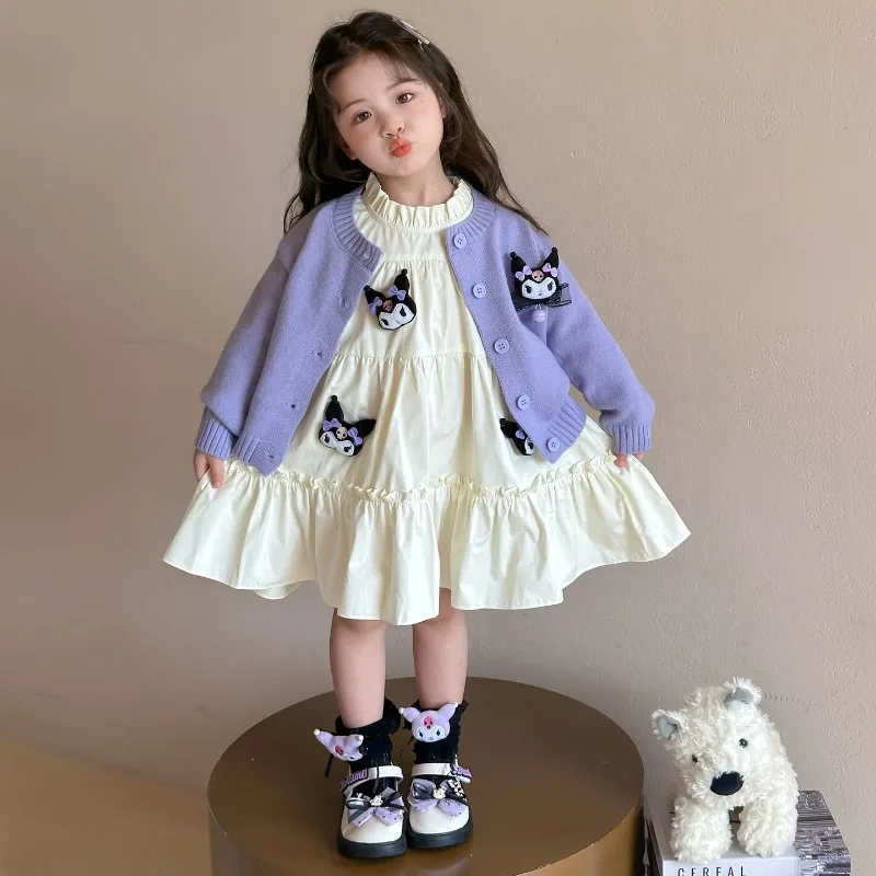

Kawaii Kuromi Sanrio Student Cute Cartoon Comfortable Princess Dress Children Warm Knitted Cardigan Birthday Gift for Kids