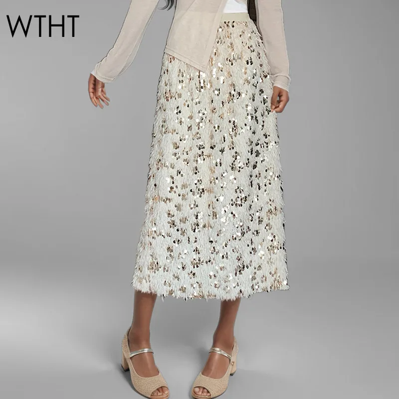 WTHT Trendy Fashion Women's Women's Spliced Feather Sequins Long Skirts 2024 Winter Loose Straight Warm Skirt Female 1LS547