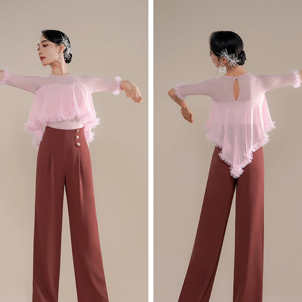 

Tops Dance Hall Floating Line Women's Elegant Tops Pink Short-Sleeved Round Neck Performance Practice Spring And Summer Jumpsuit