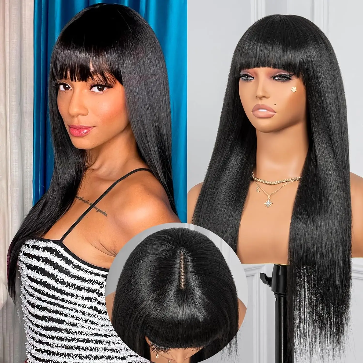 Bone Straight Human Hair Wigs With Bang Full Machine Made Wigs Natural Color Glueless Peruvian Remy Human Hair Wigs