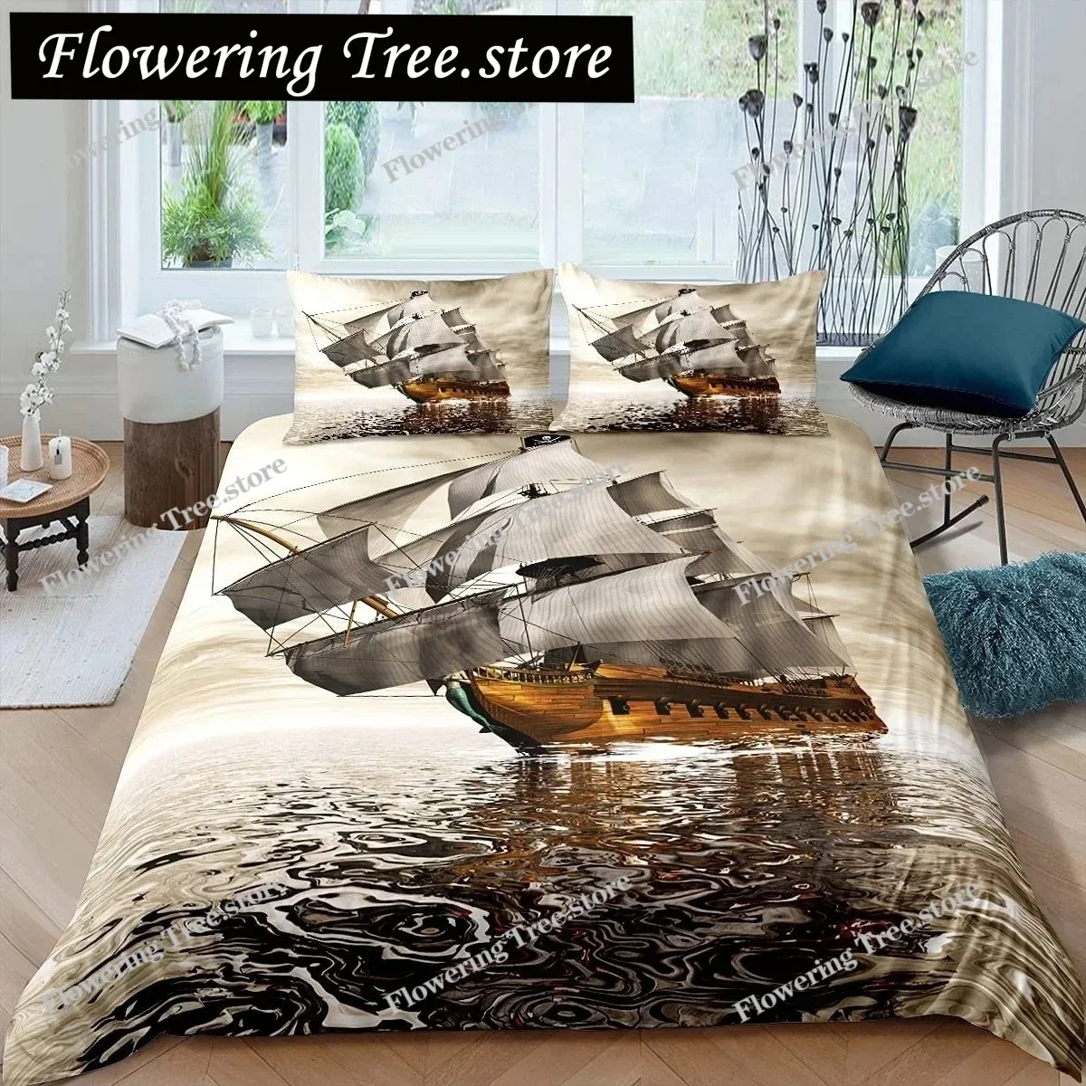 Pirate Duvet Cover Set Queen Sailboat Comforter Set Nautical Ocean Bedding Set Cool Style Quilt Co