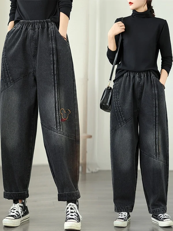 

High Waist Harlan Denim Pants plus Size Women's Casual Sle Elastic Waist Loose Fit Mom Jeans Vintage Trousers for Middle-Ag...