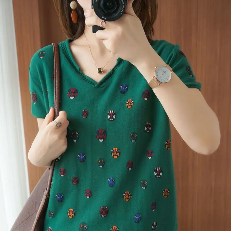 New All Match Ice Silk Short T-shirt for Women Loose Printed Versatile Set Head Base Knitted Shirt Street Casual V-neck Top