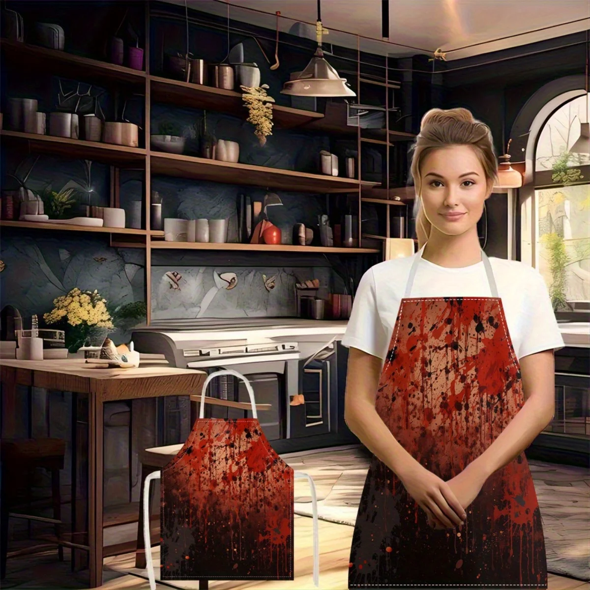 1pc Linen Apron Horror Blood Splatter Theme Kitchen Cooking Baking Artist Painting Craft Party BBQ Grill Work Bib Apron