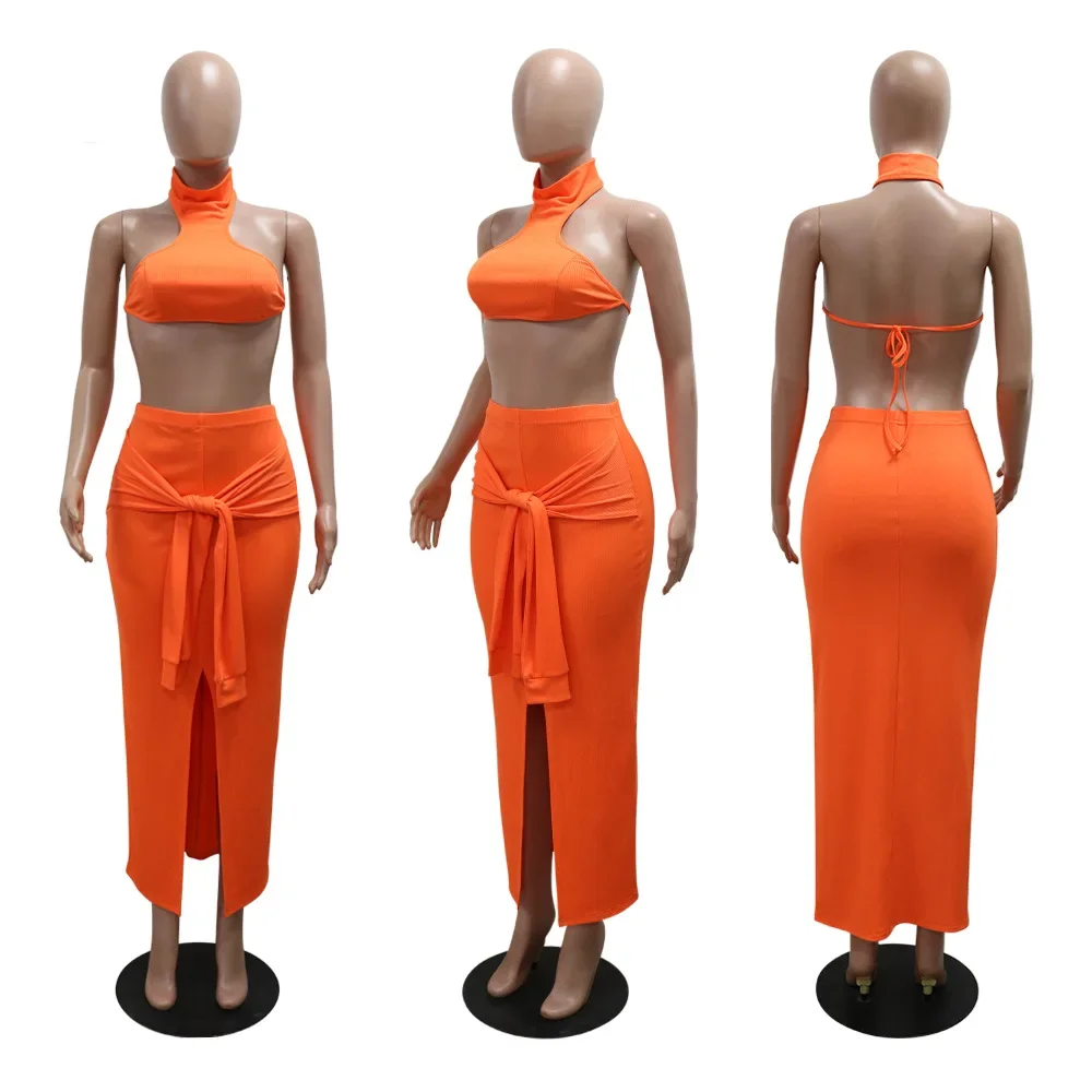 Women's Set Sleeveless Crop Top +tie Up Split Long Skirts Suit 2024 Summer Streetwear Party Sexy Two 2Piece Sets Outfits