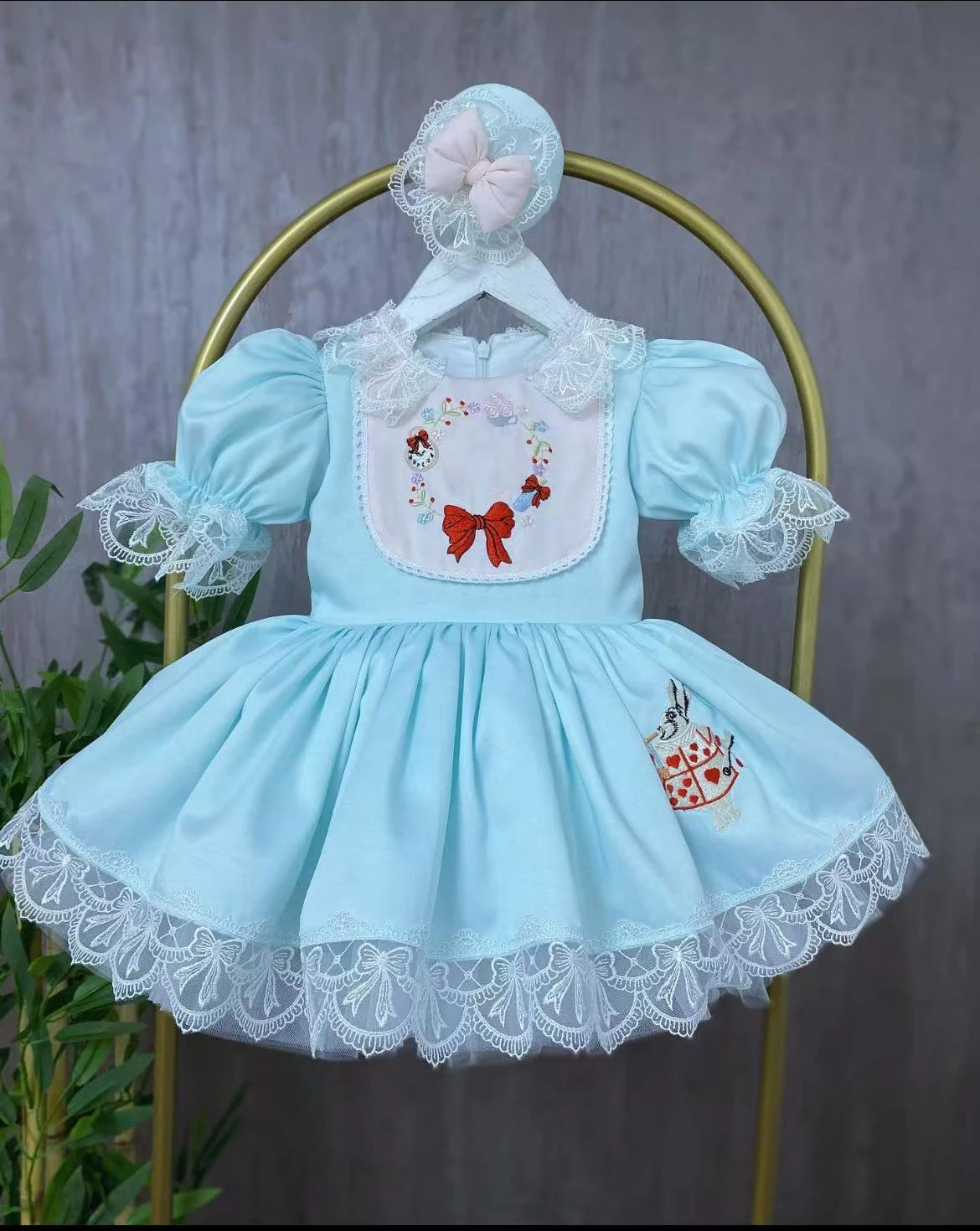 

Baby Girl Summer Rabbit Embroidery Green Vintage Spanish Princess Ball Gown Dress for Party Holiday Eid