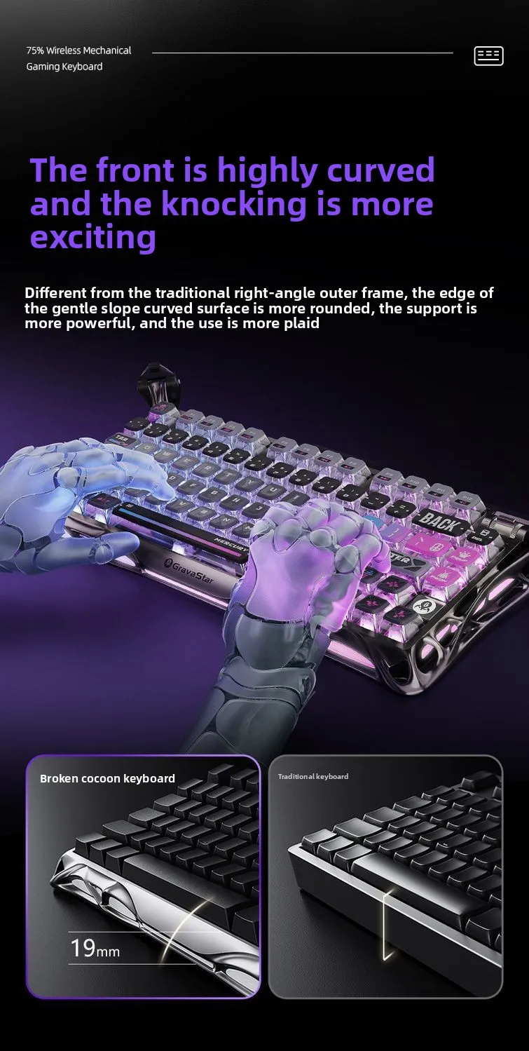 GravaStar Cocoon 75 K1 Custom Mechanical Keyboard, Tri-Mode 2.4G Bluetooth Wired Wireless, Long Battery Life RGB Backlit Hot Swa