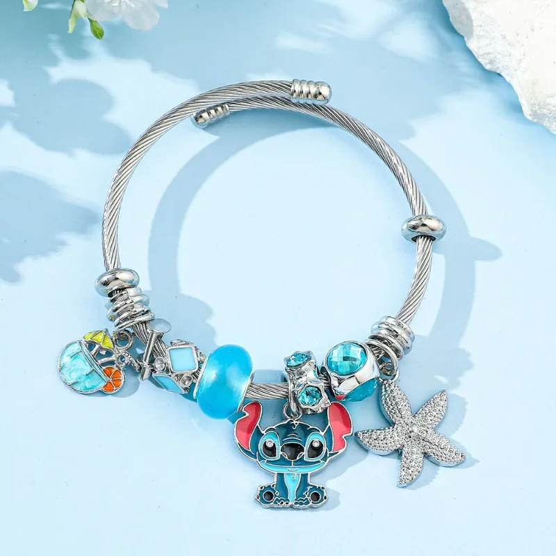 Disney Stitch Pandora Bracelet Jewelry Cute Anime Cartoon Rhinestone Beaded Adjustable Portable Bangles for Women Girl Gifts