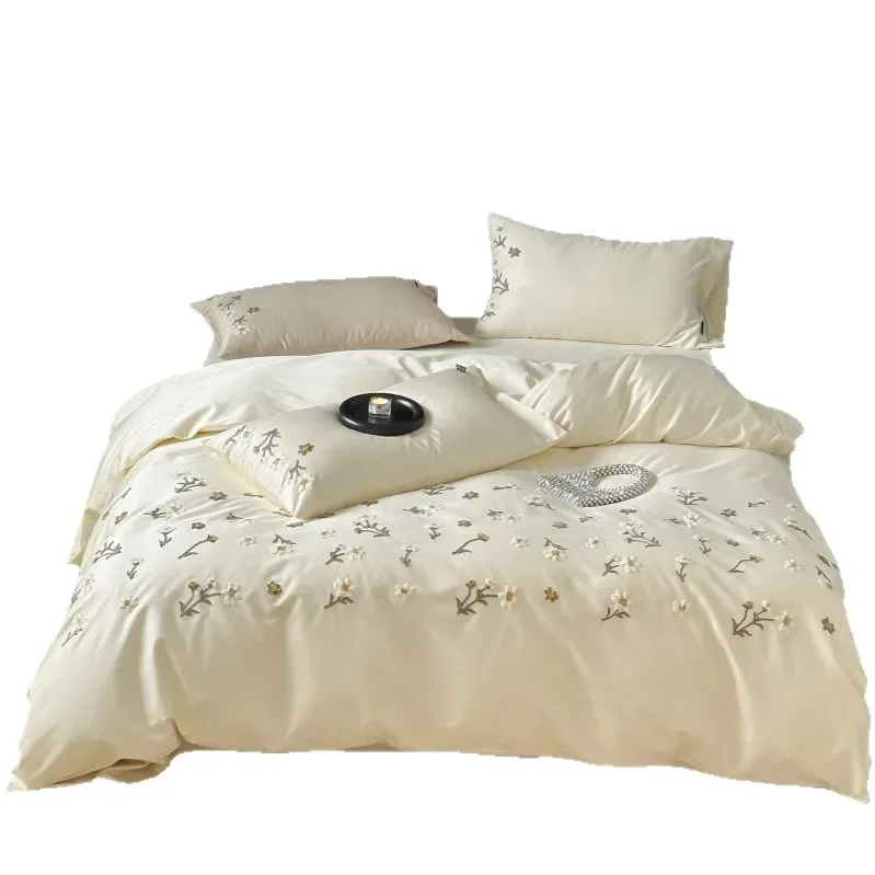 Cotton long-staple cotton four-piece set light luxury satin towel embroidered pure cotton bed sheet quilt cover bedding