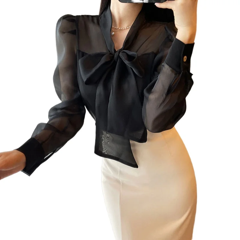 

Комплект платья во французском стиле, женская атласная рубашка с бантом + юбка с рыбьим хвостом, комплект из двух предметов